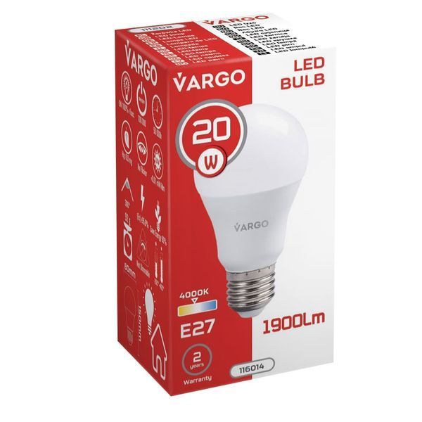 LED лампа VARGO A80 20W E27 1425lm 4000K (V-116014) 116014 фото